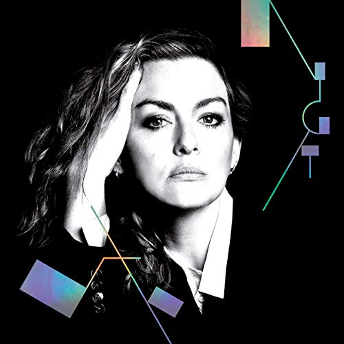 Black and white portrait of Sarah Nixey with colorful geometric lines.