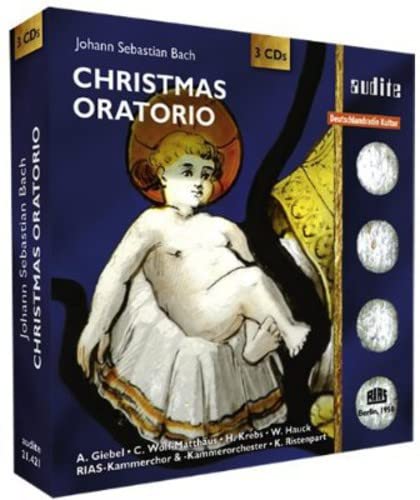 Blue CD box set of Bach’s Christmas Oratorio with religious artwork.