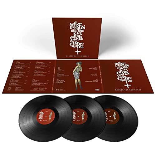 Three black vinyl records with a red album cover and artwork.