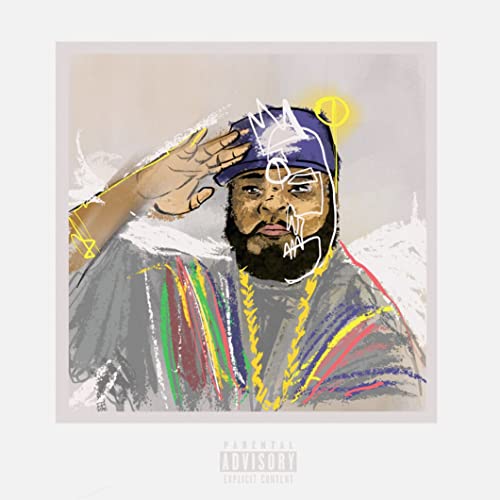 Painted portrait of Fred The Godson wearing a cap and gold chain.