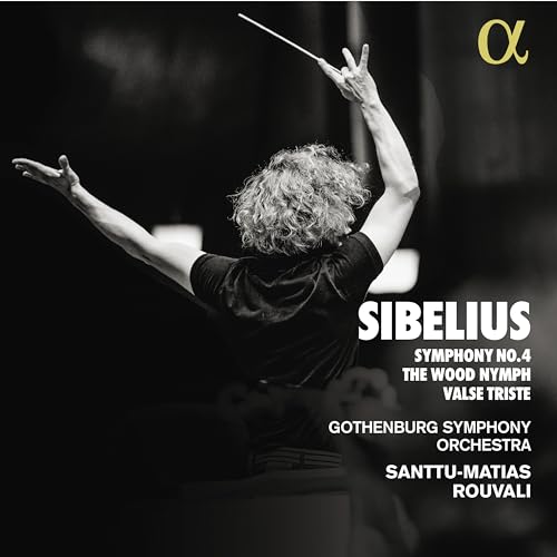 Conductor with raised arms, orchestra behind, album cover for Sibelius’s Symphony No. 4.
