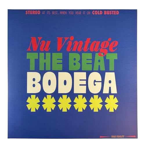 Blue vinyl record cover with colorful text reading "Nu Vintage - The Beat Bodega".