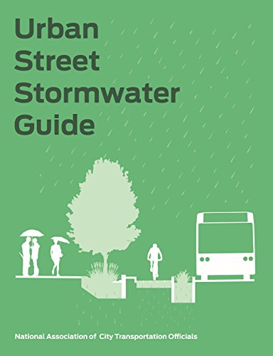 Green book cover with rain, tree, people, and a bus illustration.