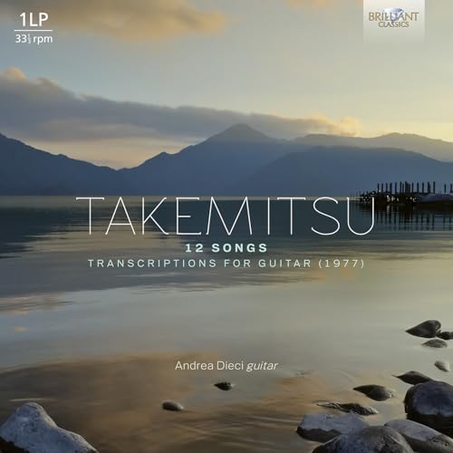 Vinyl album cover for Andrea Dieciās āTakemitsu 12 Songsā with lake scenery.