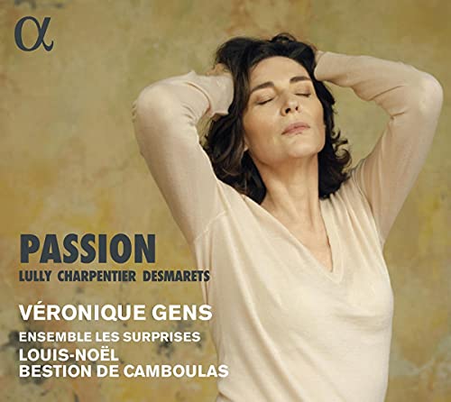 CD cover featuring Veronique Gens with arms raised, text “Passion” and composer names.