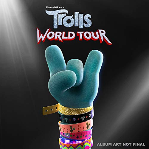 “Trolls World Tour” soundtrack CD cover with a blue troll hand making a rock sign.