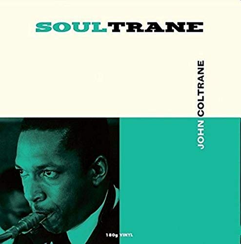 Album cover for John Coltrane Soultrane featuring a portrait of Coltrane playing saxophone.