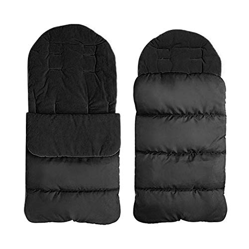 Two black, quilted footmuffs or stroller bags against a white background.