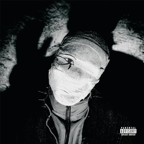 CD cover: person with bandaged face, dark background, explicit content label.