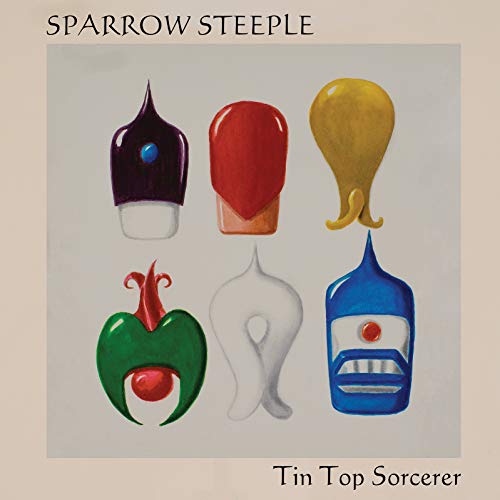 Album cover with six abstract, colorful shapes resembling hats or heads.