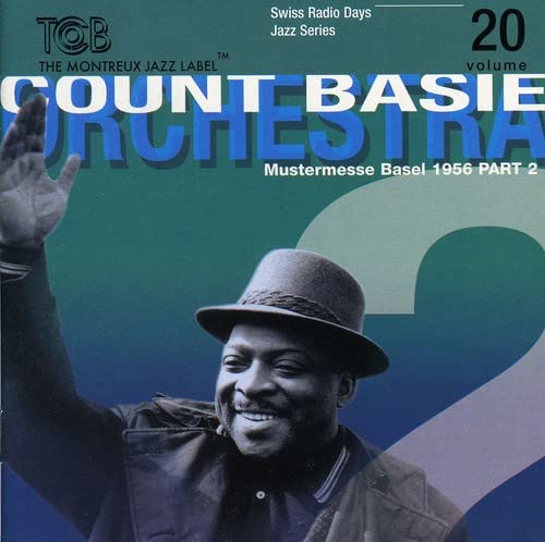 CD cover: Count Basie in a hat, waving, with teal background.