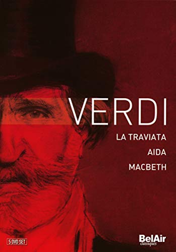 DVD cover for Verdi's operas: La Traviata, Aida, and Macbeth.