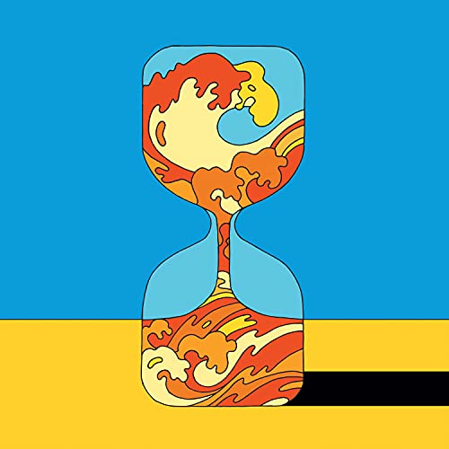 Hourglass shape filled with ocean waves, blue and yellow background.