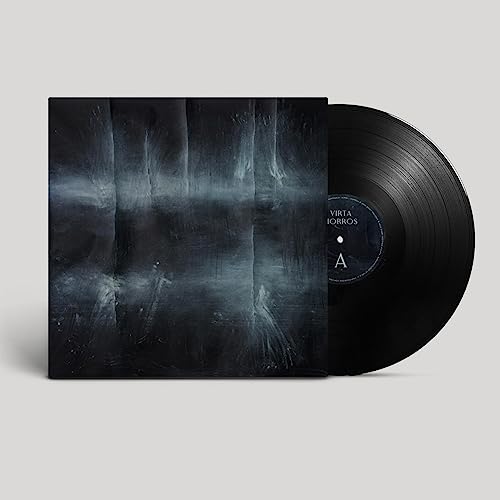 Black vinyl record with dark, textured album cover featuring abstract art.
