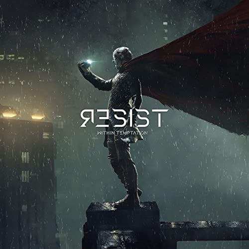 Figure with raised arms stands in rain before a city skyline.
