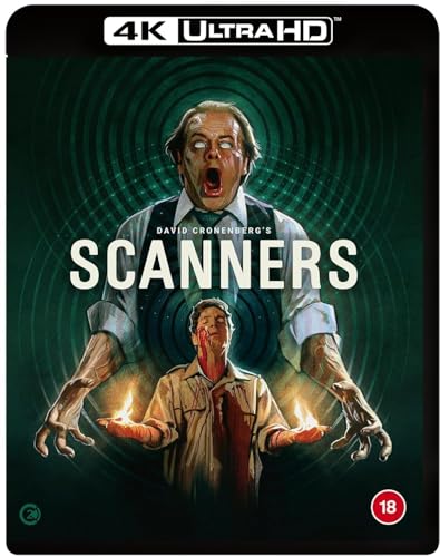 Scanners 4K Ultra HD Blu-ray cover art featuring a man with glowing hands.
