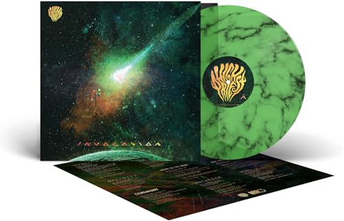 Green marbled vinyl record with cosmic album art and lyric sheet.