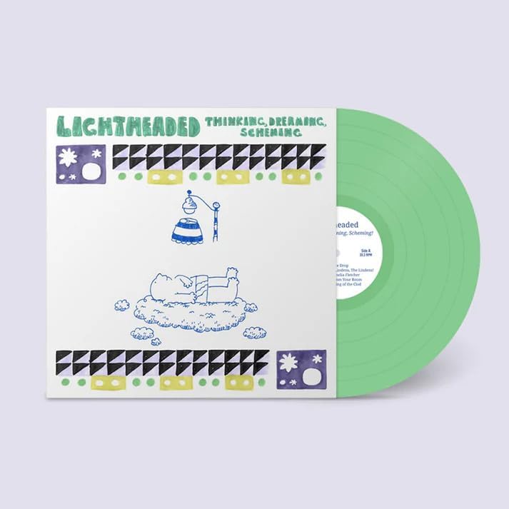 Green vinyl record with colorful illustrated cover art featuring a cartoon character.