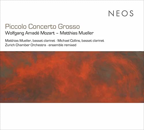 CD cover for Mozart & Mueller's "Piccolo Concerto Grosso" with red abstract art.