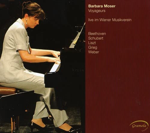 Woman playing a black Steinway piano, album cover for Barbara Moser’s “Voyageurs.”