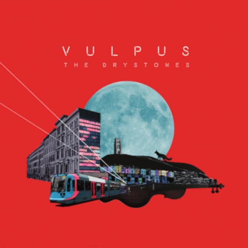 Red album cover with collage of buildings, tram, moon, and fox.
