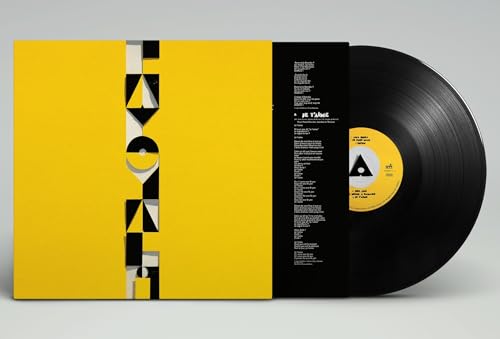Yellow and black vinyl record cover with geometric design and black record.
