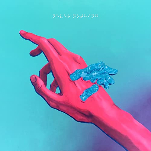 Red hand holding blue, fractured crystals against a light blue background.
