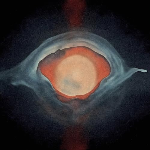 Abstract painting of an eye-like shape with red and pale tones.