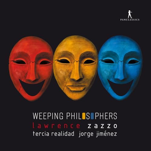 Red, gold, and blue theatrical masks against a dark background.