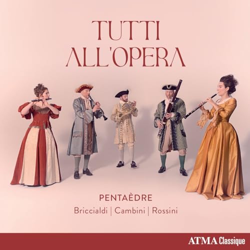 Five musicians in 18th-century attire playing wind instruments.