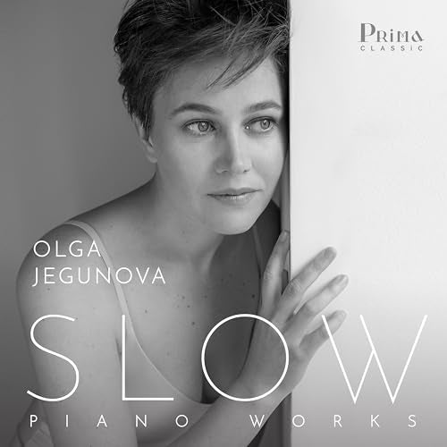 Black and white portrait of Olga Jegunova, album cover for "Slow: Piano Works".