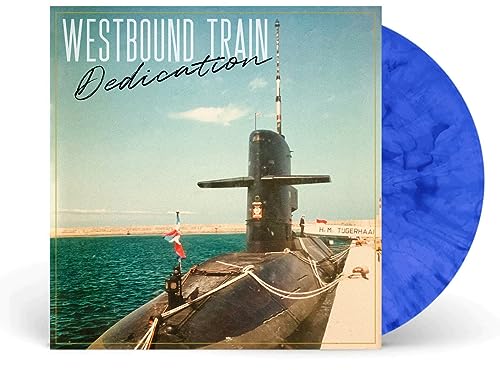 Vinyl record with submarine album cover and a blue marbled disc.