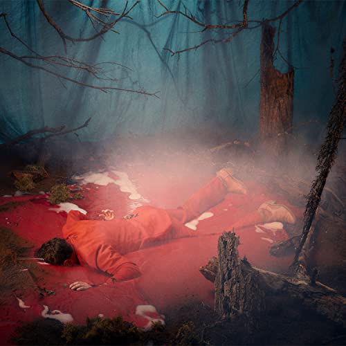 Person in red lying on red surface in a dark forest.