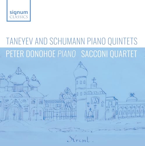 CD cover featuring a sketched cityscape and text: Taneyev and Schumann.
