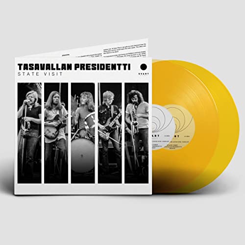 Yellow vinyl record and black & white album cover featuring a band.