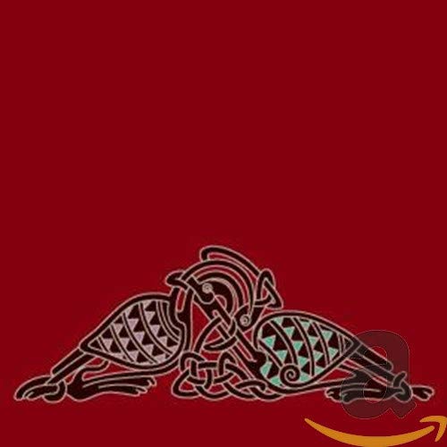 Red background with intricate black and white Celtic bird design.