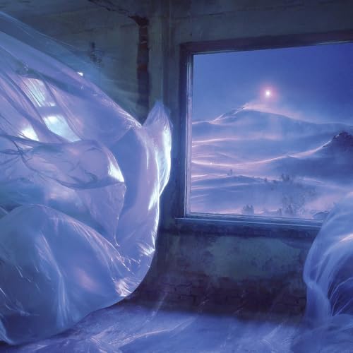 Dreamlike landscape viewed through a window, with flowing white fabric.