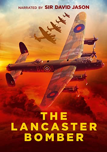 Lancaster bomber aircraft against a fiery sunset, DVD cover art.