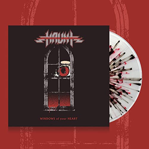 Vinyl record cover with an eye in a window and red splatter effect.