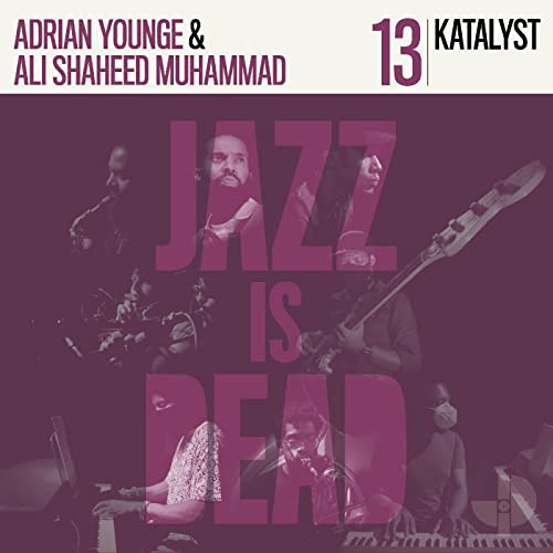 Album cover featuring musicians with the text Jazz Is Dead overlaid in purple.