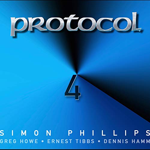 Album cover for “Protocol 4” by Simon Phillips, featuring blue light rays.