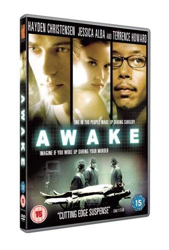DVD cover for Awake featuring Hayden Christensen, Jessica Alba, and Terrence Howard in surgery.