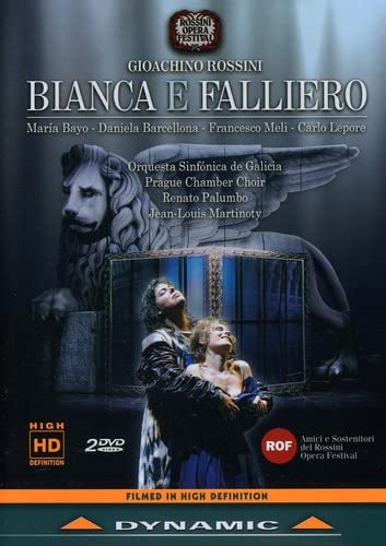 DVD cover for Rossini’s “Bianca e Faliero” opera, featuring performers and a lion statue.
