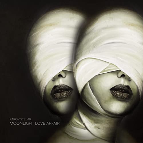 Two faces with eyes covered by white bandages against a dark background.
