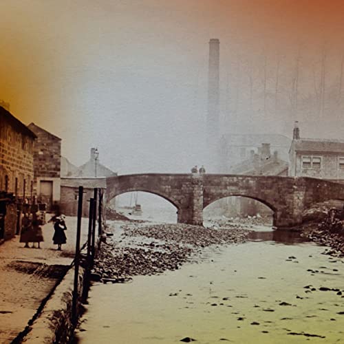 Sepia-toned image of a stone bridge and buildings in a misty landscape.