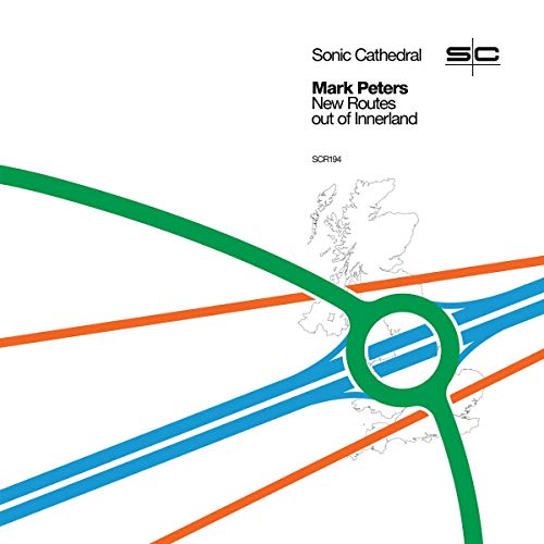 Album cover for Mark Peters’ “New Routes out of Innerland” with map graphics.