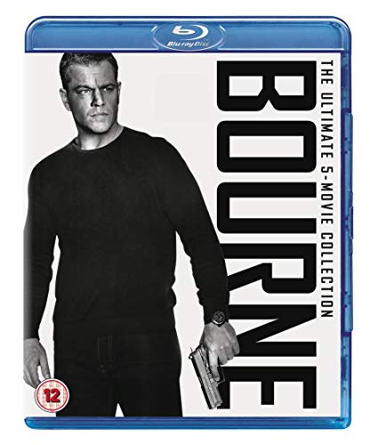 Matt Damon in a black shirt holding a gun on The Bourne Collection Blu-ray cover.