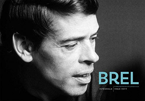 Black and white portrait of Jacques Brel with the name "BREL" in large text.