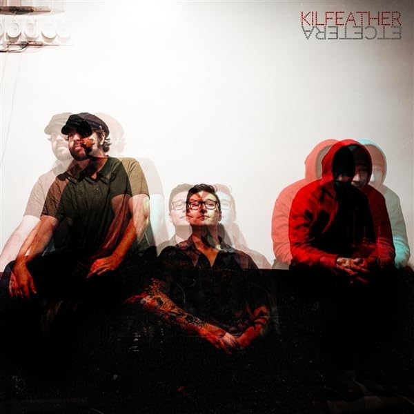 Three men sit against a white wall in a triple-exposed, layered, glitch-style photograph.