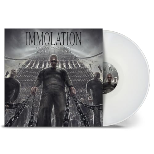 Immolation Kingdom of Conspiracy album cover art with a white vinyl record disc.